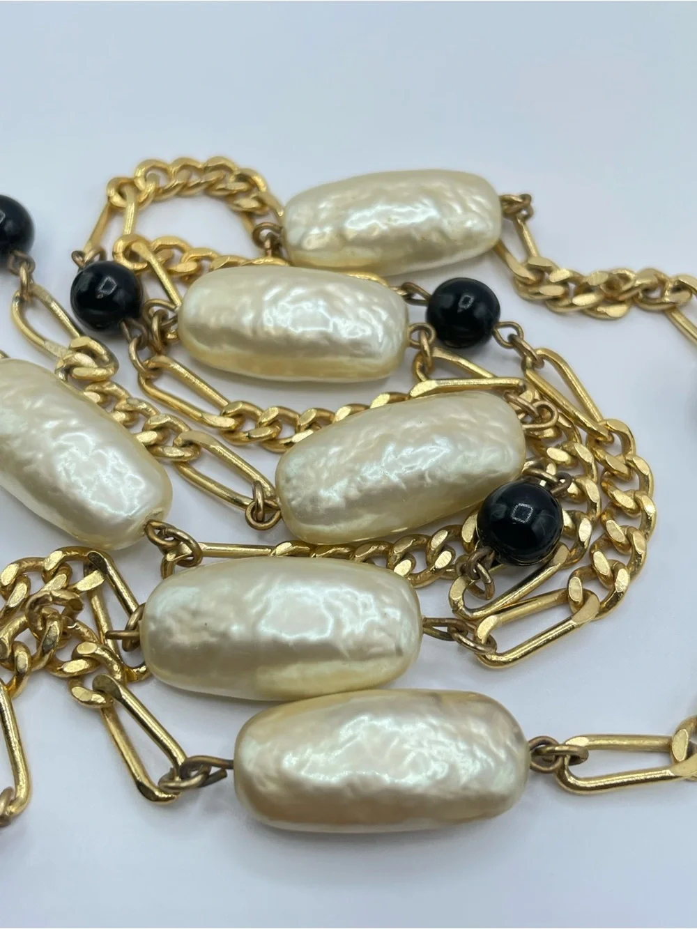 Gold Tone Faux Pearl Black Crystal Bead Long Statement Necklace